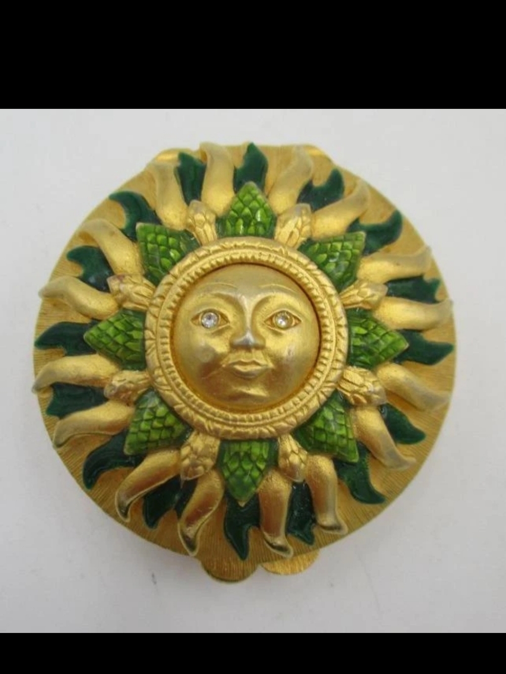 Vintage Bob Mackie "Sun Face" Compact Emerald Green Enamel  Heavy Celestial Deco